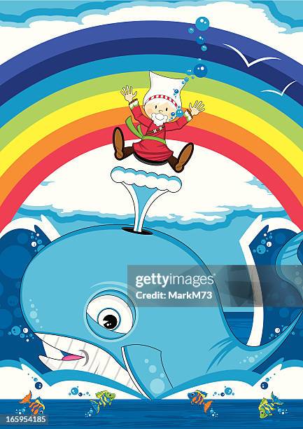 cute jonah and the whale bible scene - blue whale stock illustrations