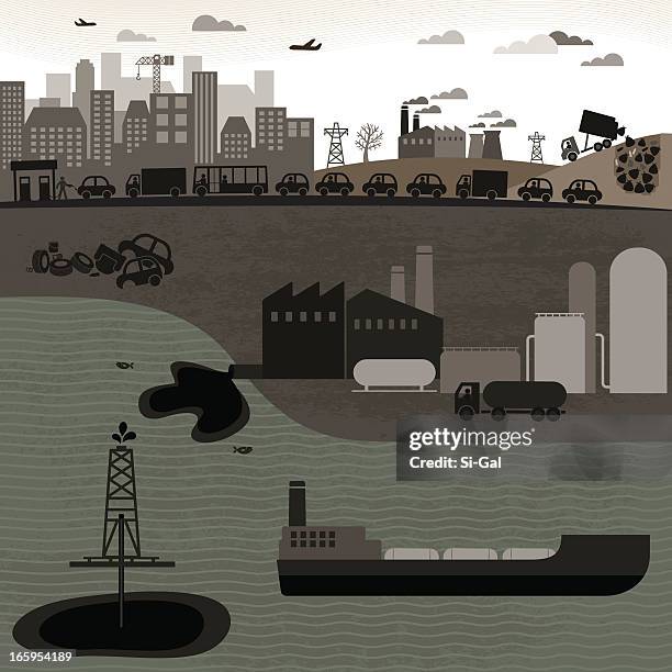 non-renewable industries - traffic jam lots of trucks stock illustrations