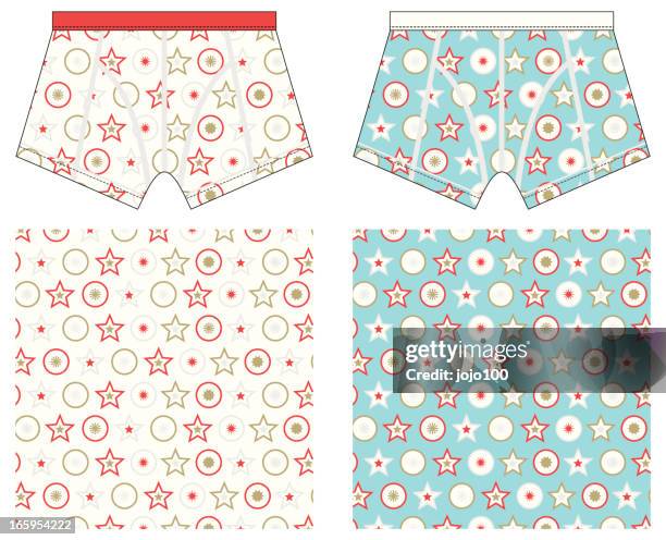 boxer shorts with christmas style stars and circles allover pattern - boy in briefs stock illustrations