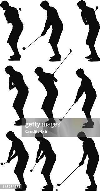 stockillustraties, clipart, cartoons en iconen met multiple images of a golfer playing - studio shot