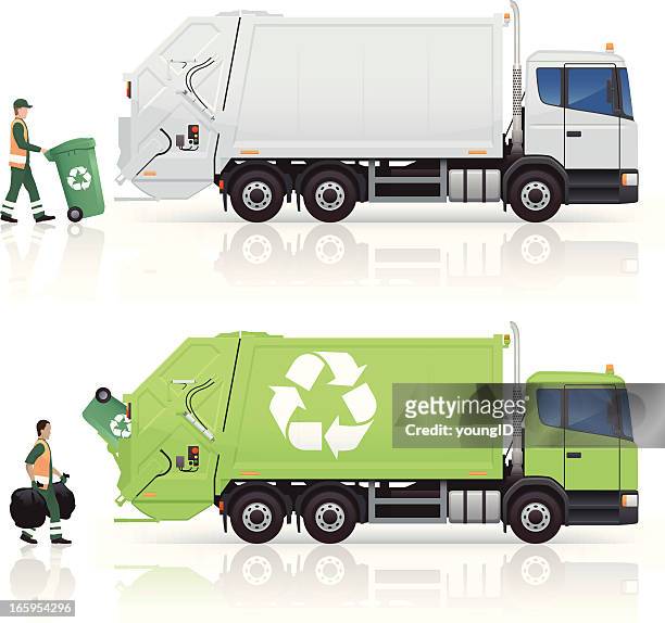 ilustrações de stock, clip art, desenhos animados e ícones de camiões do lixo - lixo