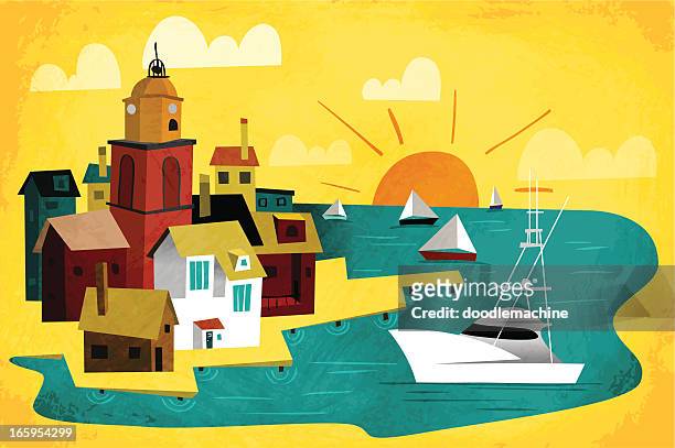 ilustrações de stock, clip art, desenhos animados e ícones de porto da cidade - pier sunset