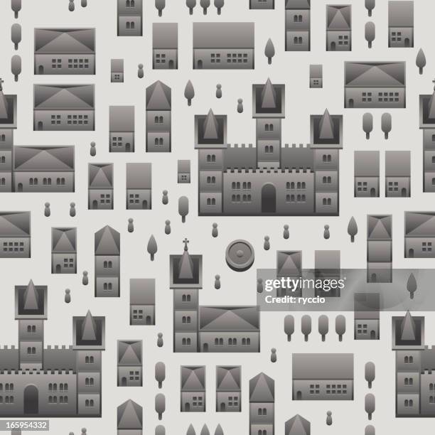 seamless medieval city - pine tree top view stock illustrations