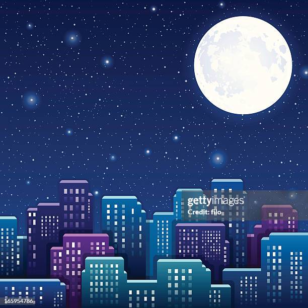 ilustraciones, imágenes clip art, dibujos animados e iconos de stock de noche de la ciudad - lunas planetarias