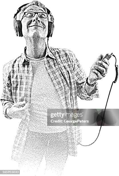 casual man listening to music on headphones - air guitar stock illustrations
