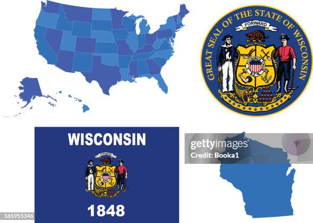 wisconsin state set - us state flag stock illustrations