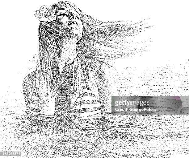 young woman swimming - infinity pool stock illustrations