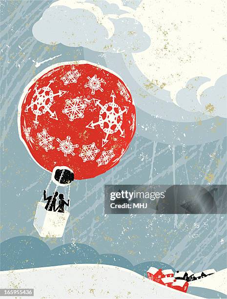 man and woman in christmas bauble shaped hot air balloon - free christmas wallpaper stock illustrations