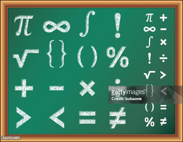 illustrazioni stock, clip art, cartoni animati e icone di tendenza di simboli di matematica su lavagna - segno di uguale