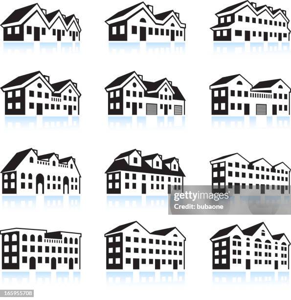 3d house and apartment complex black & white icon set - modern luxury house exterior stock illustrations