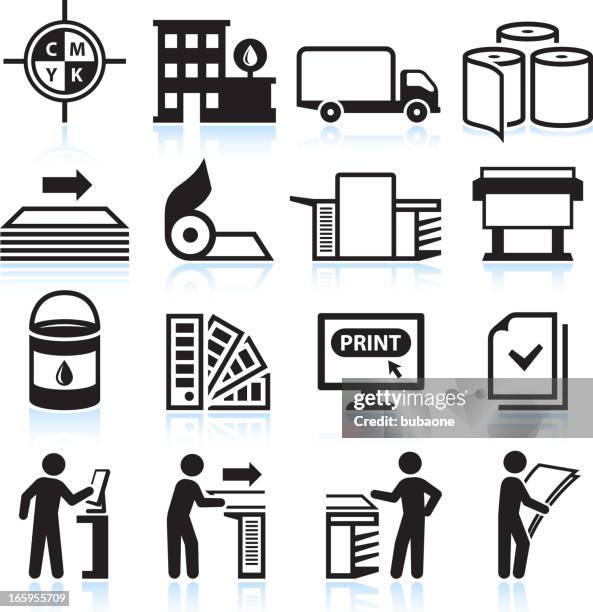 druck- und verlagsindustrie & schwarz-weiß vektor icon-set - herausgeber stock-grafiken, -clipart, -cartoons und -symbole