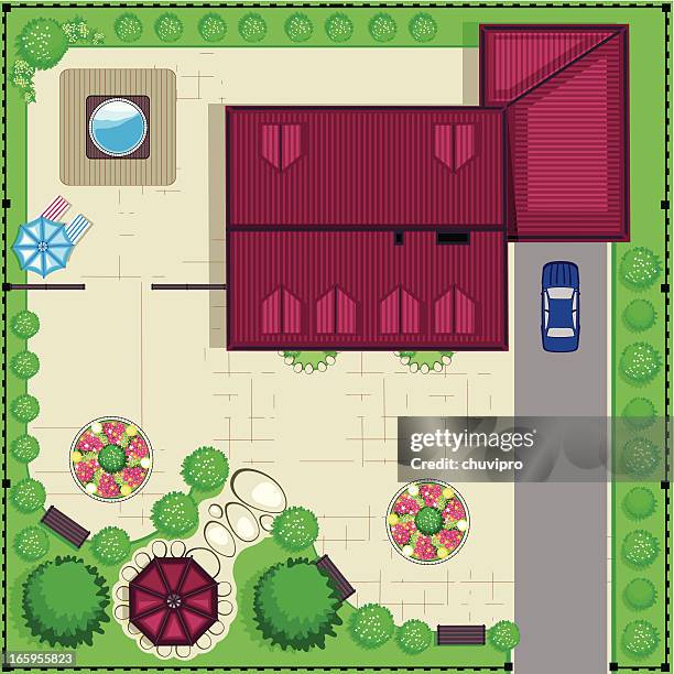 house top plan with a garden - trellis stock illustrations