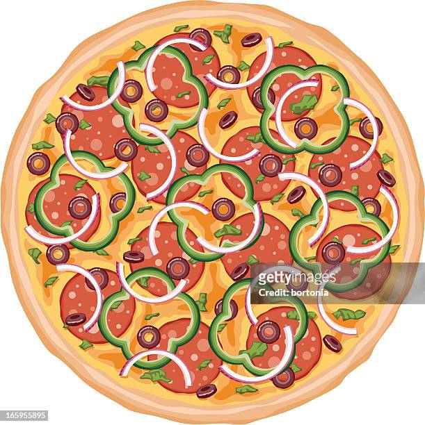 stockillustraties, clipart, cartoons en iconen met loaded pizza - groene paprika