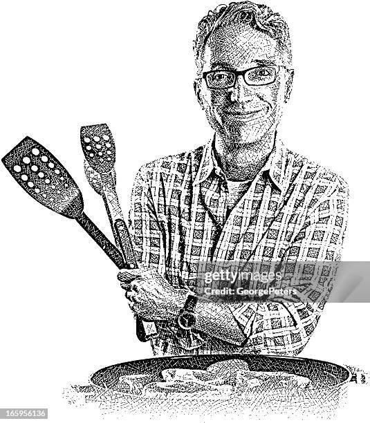 man and barbeque - grey hair stock illustrations