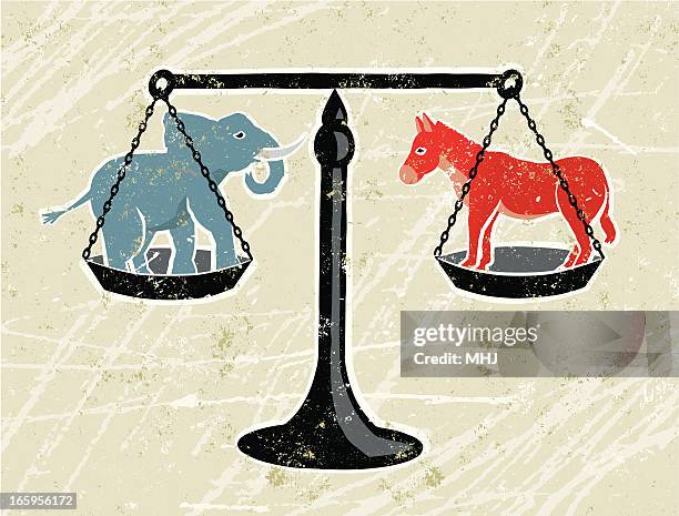 stockillustraties, clipart, cartoons en iconen met blue elephant and red donkey being weighed on scales - conservatives campaign in the third week of the general election
