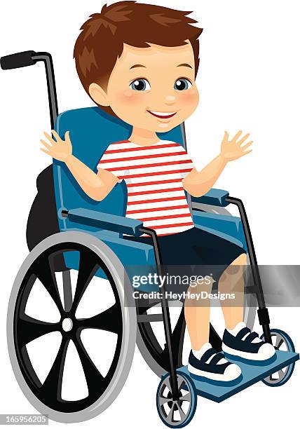 stockillustraties, clipart, cartoons en iconen met cute little boy in wheelchair - paralysis