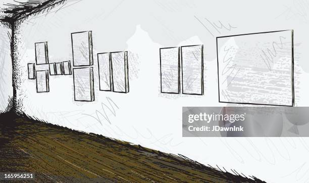 sketchy abstract art gallery or museum interior with blank paintings - art show stock illustrations