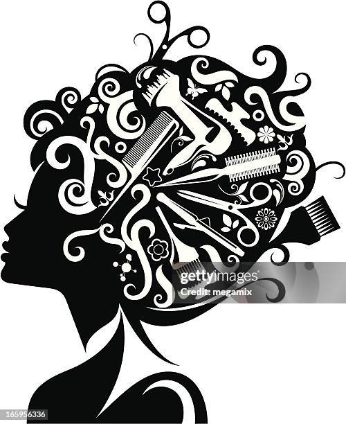 lady's silhouette mit friseur zubehör. - haare föhnen stock-grafiken, -clipart, -cartoons und -symbole