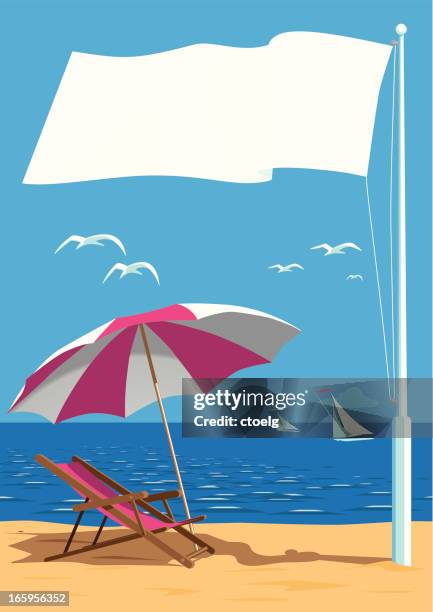 beach with flag pole - parasol stock illustrations