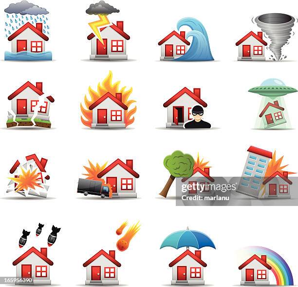 illustrazioni stock, clip art, cartoni animati e icone di tendenza di casa disastro-serie di colore - fire damage icon