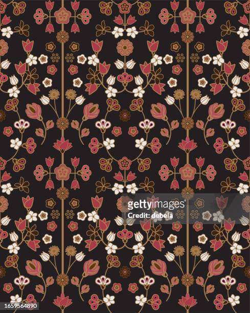 ethnic floral pattern in pink and gold color on black background. ornate damask fabric swatch. - damask rose stock illustrations