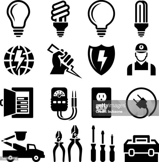 ilustraciones, imágenes clip art, dibujos animados e iconos de stock de equipo electricista salida & reparación de conjunto de iconos en blanco y negro - maintenance engineer