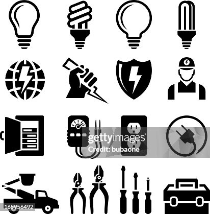 Electrician Equipment for Outlet Repair black & white icon set Electrician Equipment for Outlet Repair black & white icon set