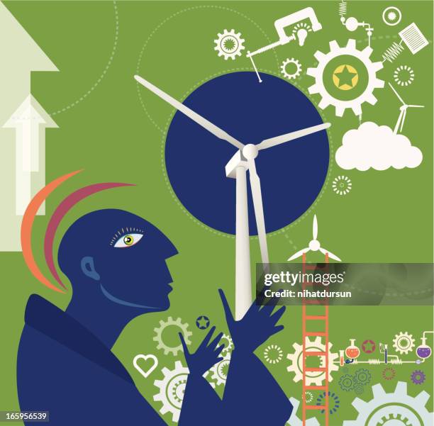 wind turbines - dark blue cogs background stock illustrations