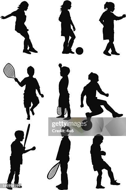 stockillustraties, clipart, cartoons en iconen met silhouette of children playing - kids side view isolated