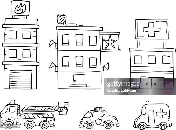public service station-sammlung in schwarz und weiß - feuerwehr stock-grafiken, -clipart, -cartoons und -symbole
