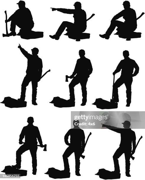 mehrere bilder von der holzfäller in aktion - waldarbeiter stock-grafiken, -clipart, -cartoons und -symbole