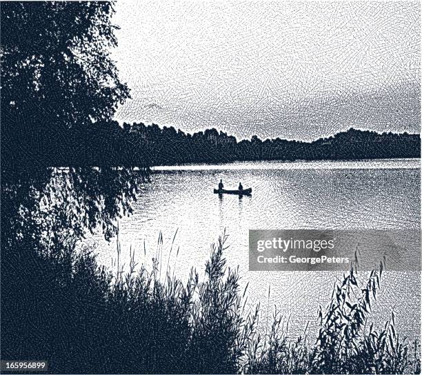 canoeing and fishing - camping friends stock illustrations