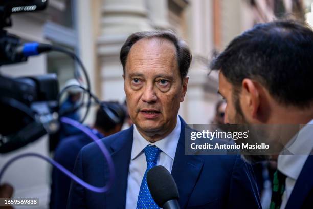 Italian Minister for Relations with Parliament Luca Ciriani arrives to attend the National Assembly of the political party Fratelli d'Italia , on...