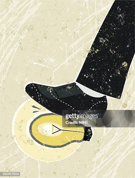 light bulb being crushed under a giant business man's foot - electrical overload stock illustrations