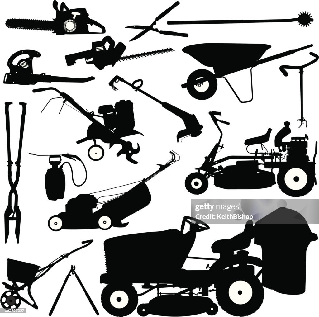Landschaftsgestaltung Tools, Rasenmäher, Pruners, Schubkarre