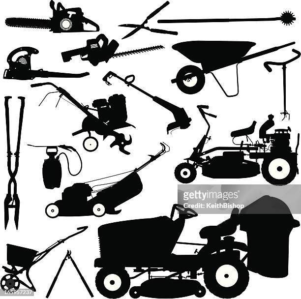 landscaping tools, lawn mower, pruners, wheelbarrow - power tool stock illustrations