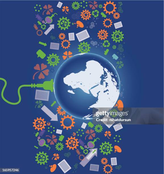 recycling with globe - dark blue cogs background stock illustrations