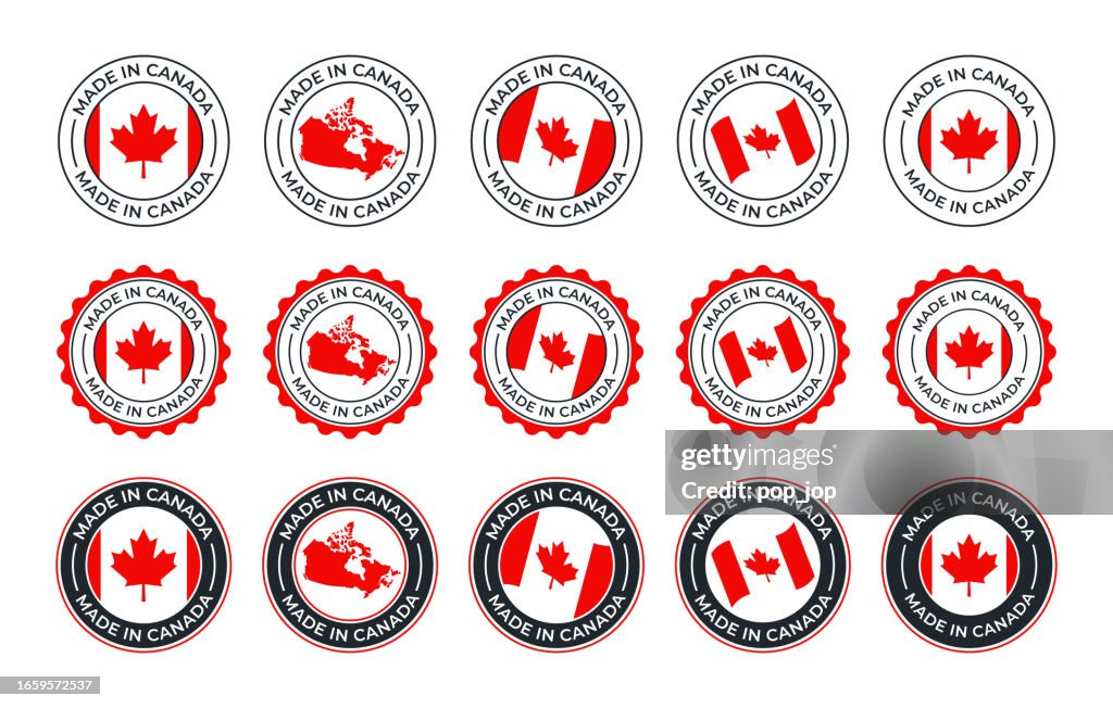 Made in Canada - vector set. Label, logo, badge, emblem, stamp collection with flag of Canada and text isolated on white backround