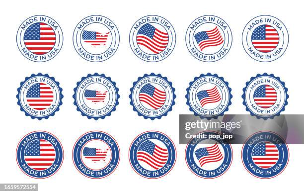 made in usa - vector set. label, logo, badge, emblem, stamp collection with flag of united states and text isolated on white backround - playing tag stock illustrations