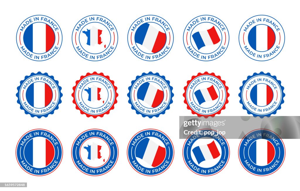 Made in France - vector set. Label, logo, badge, emblem, stamp collection with flag of France and text isolated on white backround