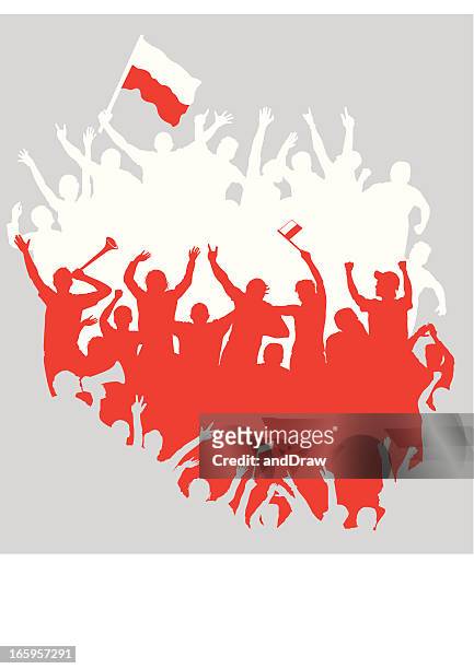 stockillustraties, clipart, cartoons en iconen met polish fans in shape of poland map. white, red silhouettes. - polen