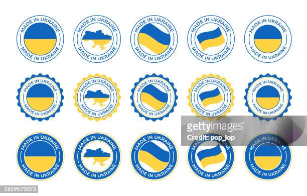 made in ukraine - vector set. label, logo, badge, emblem, stamp collection with flag of ukraine and text isolated on white backround - playing tag stock illustrations