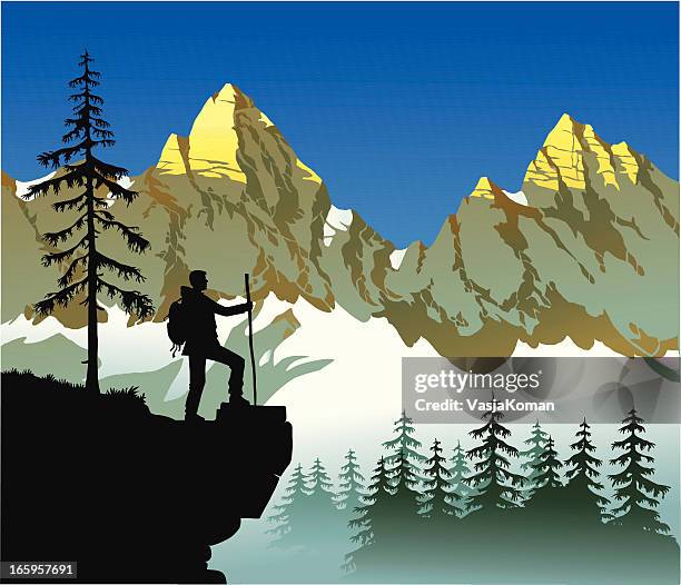 mountain hiker - forest morning light stock illustrations