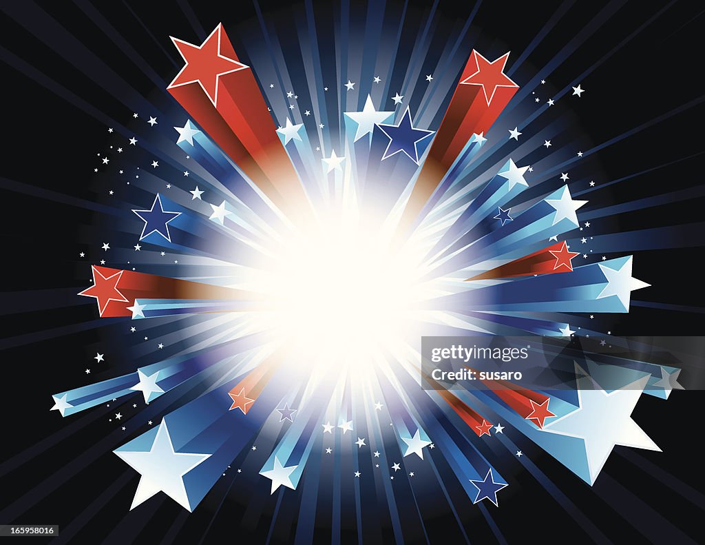 Red, white, and blue stars bursting