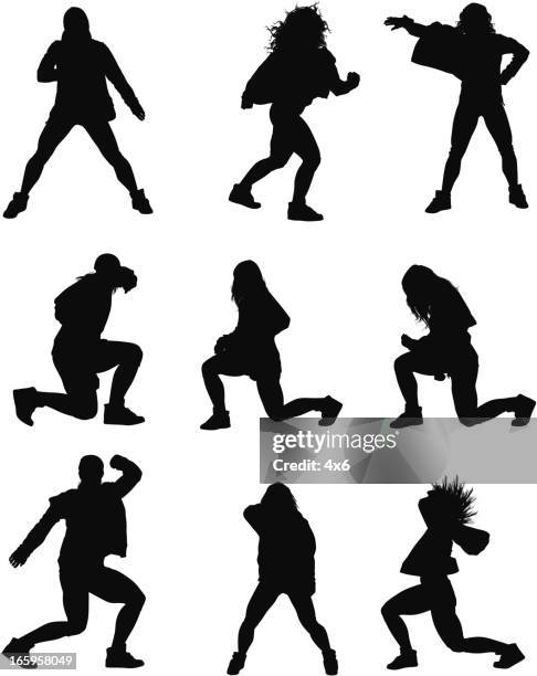 multiple images of a woman dancing - legs apart stock illustrations