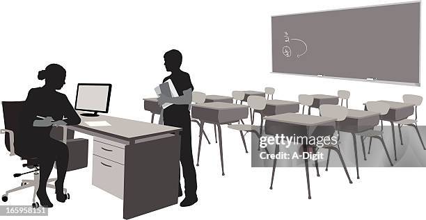 ilustraciones, imágenes clip art, dibujos animados e iconos de stock de alumno - teacher desk