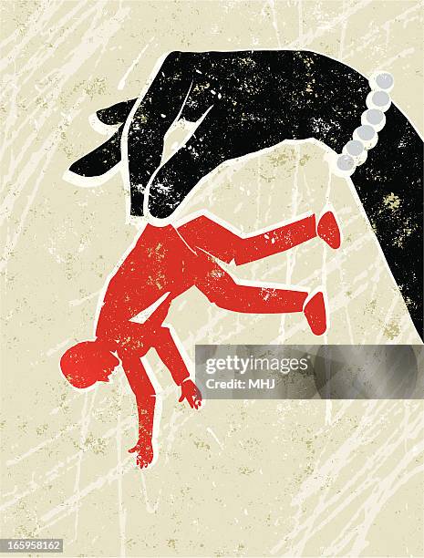 stockillustraties, clipart, cartoons en iconen met glamorous giant woman's hand holding tiny man - verleiding