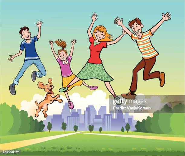 young family having fun playing in the park - urban mother and daughter stock illustrations