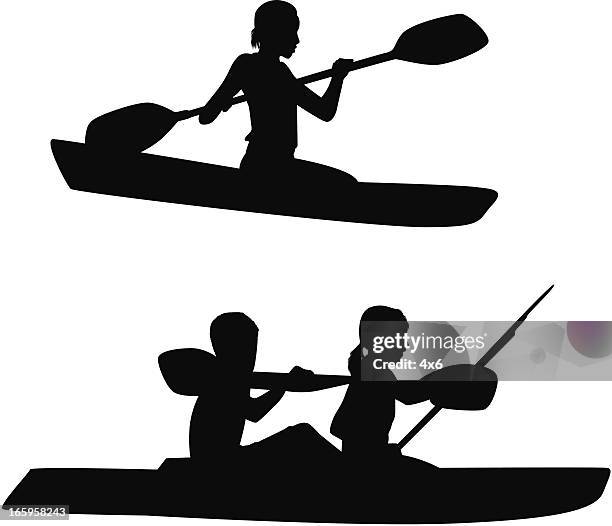 silhouette of people kayaking - people on canoe clip art stock illustrations