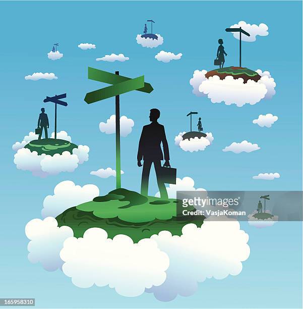 floating islands with people and directional signs - floating island stock illustrations
